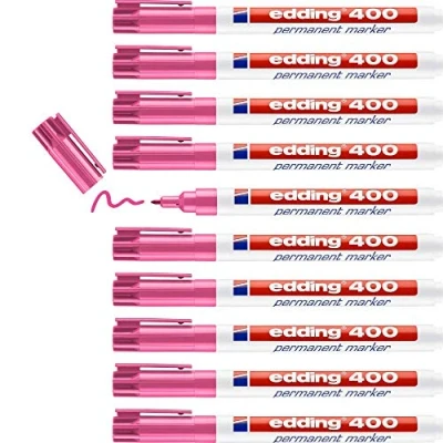 Image of edding 400 permanent marker pink 10 pens fine round tip 1 mm waterproof, quick drying, smear proof for cardboard, plastic, wood, metal, glass and fabric