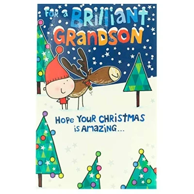 Image of UK Greetings Grandson Christmas Card for Boys Cartoon Reindeer Design