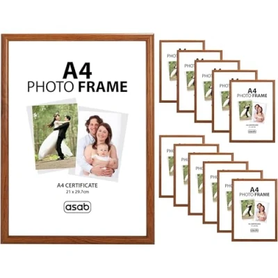 Image of ASAB Pack of 12 A4 Frame Wall Hanging Hooks Flat Classic Design Picture with Quick Photo Insertion Clear Acrylic Display for Table Top Home and Office (Light Brown)