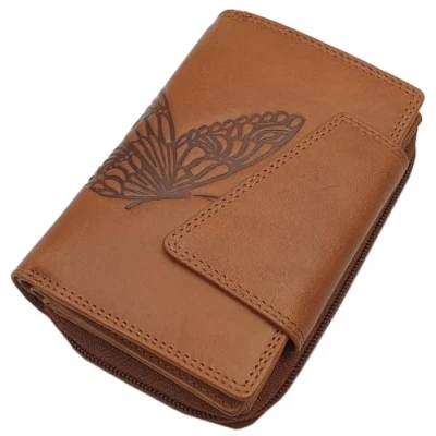 Image of Cowhide Womens Purse with Butterfly Motif RFID &amp; NFC Blocking (Cognac)