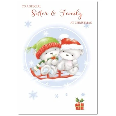 Image of doodlecards Sister and Family Christmas Card Cute Bears on Sled Medium Size for &amp; with Plain Envelope
