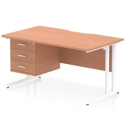 Image of Impulse 1400 x 800mm Scalloped Edge Straight Office Desk Beech Top White Cantilever Leg Workstation 1 3 Drawer Fixed Pedestal