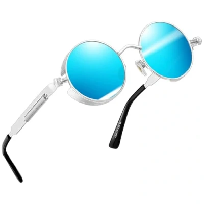 Image of Joopin Polarised Retro Small Round Sunglasses Steampunk, Vintage 90s Hiphop Style Circle Mirrored Lens Metal Frame for Men Women UV400 Protection
