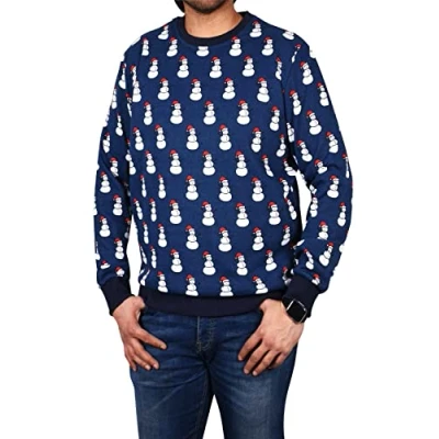 Image of True Face Men&#039;s Christmas Jumper Sweatshirt Xmas Designed Casual Crew Neck Sweater Party Celebration Event Pullover Top Snowman Blue Small