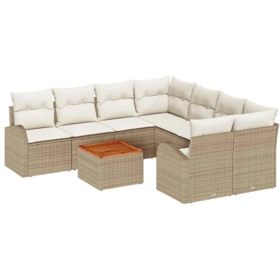 Image of vidaXL 9 Piece Garden Sofa Set with Cushions Beige Poly Rattan Acacia