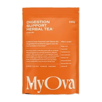 Image of MyOva Soothing Digest Tea for Bloating Relief Lemon Balm &amp; Ginger Infusion Marshmallow Root Fennel Blend Vegan and Caffeine Free Digestive Support 240g, 60 Servings, 30 Days Supply