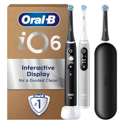 Image of Oral B iO 6 Dual Pack, Black &amp; Grey Electric Toothbrushes, 3 Toothbrush Heads, 1 Travel Case, Designed by Braun