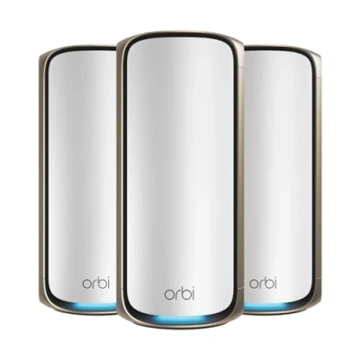 Image of NETGEAR Orbi Quad band WiFi 7 Mesh System RBE973S, Router Plus 2 Satellite Extenders, Coverage up to 10,000 sq. ft. &amp; 200 Devices, 10 Gbit Internet Port, BE27000 802.11be (up 27Gbps)