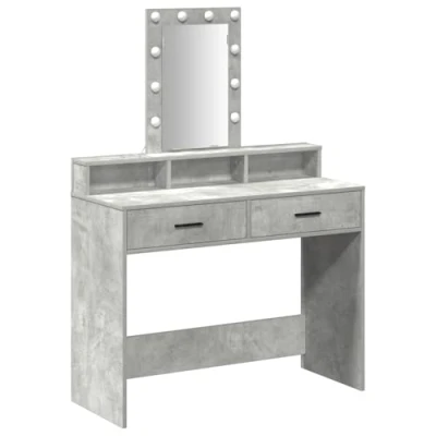 Image of vidaXL Vanity Table Engineered Wood 100x41x140 cm, Concrete Grey Makeup Desk, Bedroom/Dressing Room Rectangular Matte Finish, Hollywood Lights &amp; Storage Drawers