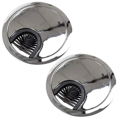 Image of 2X Polished Chrome Desk Grommets (60mm) with Brush Computer Table Surface Cable Tidy Management