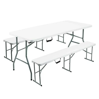 Image of Crystals 6FT Folding Table and Bench Set One White with Two Benches, Portable Garden for Indoor/Outdoor Dining, BBQs, Picnics, Camping, Versatile Seating