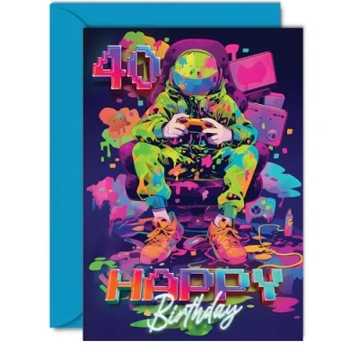 Image of 40th Birthday Cards for Women Men Video Gamer Game Happy 40 Card Brother Sister Uncle Auntie Friend, 5x7 Inch Forty Fortieth Bday Greeting