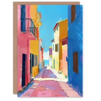 Image of Artery8 Greeting Card Mediterranean Street Spain Painting Seaside Blank For Him Or Her Art Birthday