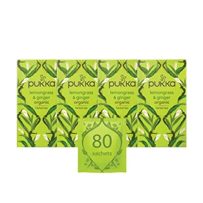 Image of Pukka Herbs Lemongrass &amp; Ginger Organic Herbal Tea Lemongrass, Ginger, Lemon Verbena Leaf and Licorice Perfect For Feeling Strong 4 Pack 80 Sachets