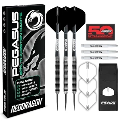 Image of RED DRAGON Pegasus 25 Gram Professional Tungsten Steeltip Darts Set with Flights, Stems (Shafts) and Wallet