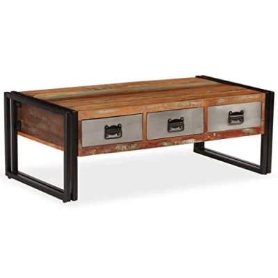 Image of vidaXL Solid Reclaimed Wood Coffee Table 100x50x35cm with Steel Legs Vintage/Industrial Handmade Furniture 3 Storage Drawers