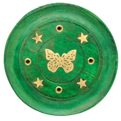 Image of Puckator Mango Wood Butterfly Round Green Ashcatcher Incense Burner Zen Spiritual Modern Gothic Home Room Decor Decorations Meditation Accessories Stick Sticks Cone Holder Burners