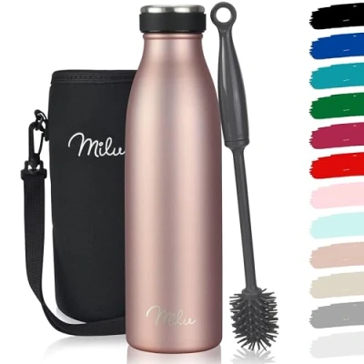 Image of Milu Stainless Steel Drinking Bottle 350ml 500ml 750ml 1L 1,5L Thermo Insulated Water Leak Proof Double Walled, Carbonated incl. Cleaning Brush (Rose Gold, 500ml)