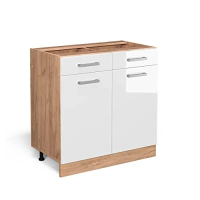 Image of Vicco Kitchen base cabinet Raul, White High Gloss/Gold power oak, 80 cm without worktop