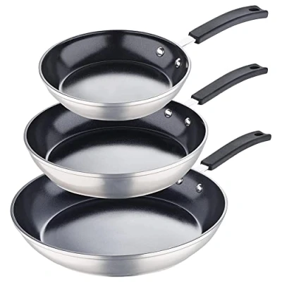 Image of MasterPro Forged Aluminium Frying Pan Set of 3, 20/26/30cm Smart Induction Base with Non Stick Internal Coating, Professional Quality, Improved Heat Retention &amp; Distribution