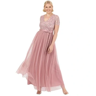 Image of Maya Deluxe Women&#039;s Maxi Dress Ladies Bridesmaid V Neck Ball Gown Short Sleeves Long Elegant Empire Waist Wedding, Vinatge Rose, 20
