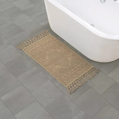 Image of French Connection Nellore Bathroom Rugs Woven and Beaded Mats Durable Non Slip Bath Thick BathMats for Shower 20 x 38 Taupe Grey