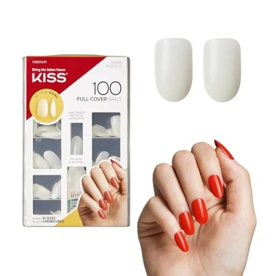 Image of KISS 100 Full Cover Manicure Kit, Medium Length Active Oval Fake Nails, Longer Lasting, 10 Sizes with Maximum Speed Nail Glue,Packaging may vary