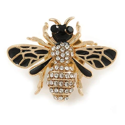 Image of Avalaya Small Black Enamel, Clear Crystal Bee Brooch in Gold Tone Metal 28mm Across