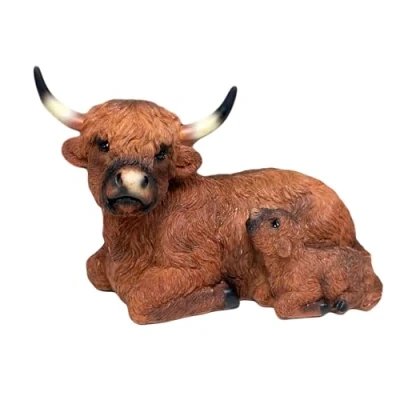 Image of Darthome Lying Highland Cow With Baby Figurine Brown Resin Scottish Animal Coo Ornament