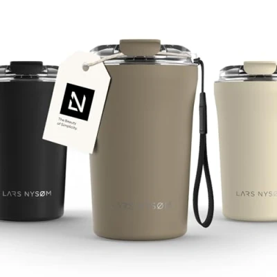 Image of LARS NYSØM Thermo Coffee Mug to Go with Strap 13oz Travel 0.38 Liter Insulation Leak Proof Stainless Steel Thermal Tumbler for and Tea (Taupe Brown, 380ml)