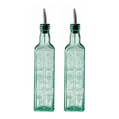 Image of 2x Tall Oil and Vinegar Glass Bottles, Complete with Stainless Drizzlers