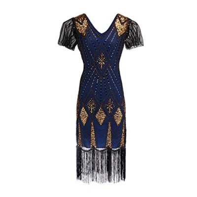 Image of FNKDOR Gatsby Dress, Women 1920s Art Deco Sequin Paisley Flapper Tassel Glam Party Cocktail Dresses Blue