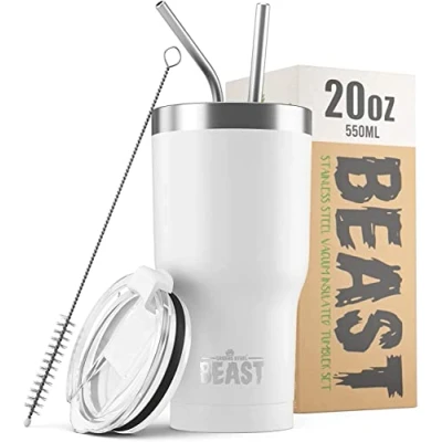 Image of Beast Tumbler 550 ml (20 oz), White Reusable Stainless Steel, Vacuum Insulated Cup with + 2 Straws &amp; Cleaning Brush Double Wall Travel Flask Perfect for Hot or Iced Coffee BPA Free
