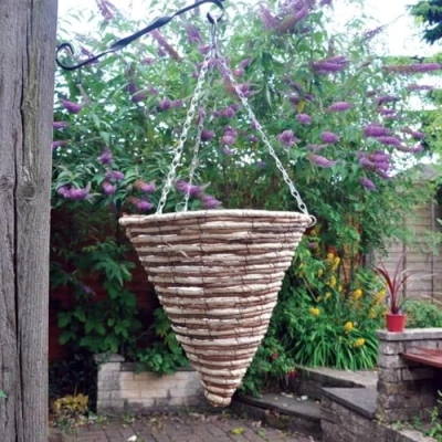 Image of Garden Mile® Various Sizes Artificial Hanging Baskets Floral Decorative Ornamental Outdoor Indoor Wall Mounted Chain Planter Basket Green Jute Wire Coco Liner (12&quot; Rope Cone Basket)
