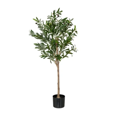 Image of Relaxdays, 120 cm High, Plastic, Stone, Plant Olive, Pot, Artificial Tree for Indoor, Green Brown