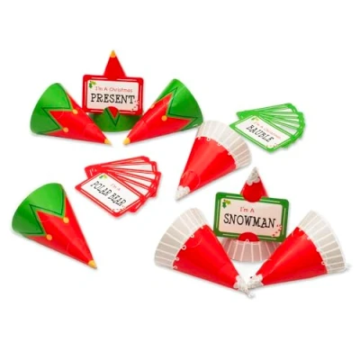Image of PUKKA party “Who Am I Christmas Game Including 8 Fun Printed Hats Measuring 8cm in Diametre with Elastic Fastening and 16 Double Sided Cards for Festive Home Office Celebrations Kids &amp; Adults