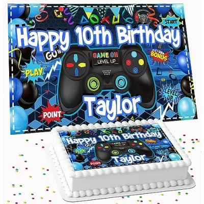 Image of GAMING PARTY RECTANGLE PERSONALISED BIRTHDAY ICING EDIBLE COSTCO CAKE TOPPER DECORATION R1 BT334