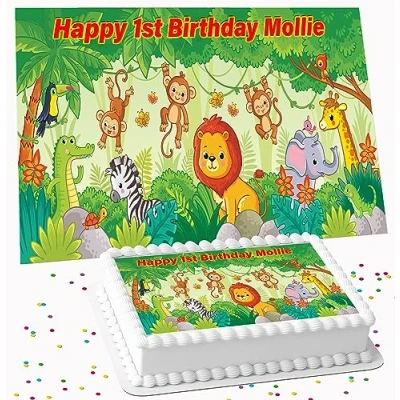 Image of JUNGLE ANIMALS BIRTHDAY PERSONALISED PARTY ICING COSTCO CAKE TOPPER R1 237