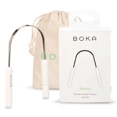 Image of Boka Tongue Scraper for Adults &amp; Kids with Case Stainless Steel Cleaner w/Linen Travel Pouch Scrubber to Remove Buildup and Freshen Breath (Pack of 1)