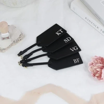 Image of eBuyGB Personalised Black PU Leather Luggage Tag with Initials, Monogrammed Suitcase Tag, Hen Party Favour, Do Abroad, Holiday Travel Gift (Sample)
