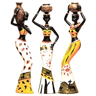Image of Allwiner African Tribal 3Pcs/Set Women Figurines Woman Statues Sculptures Home Decoration Exotic Decor For Home, Yellow