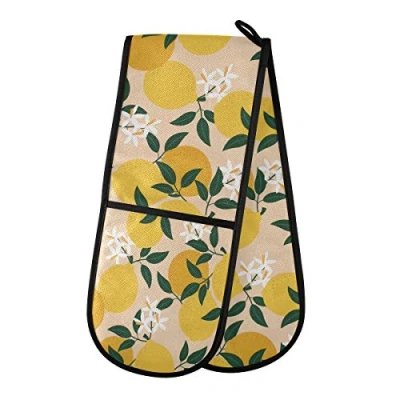 Image of TropicalLife Double Oven Glove Mitts Fruit Lemon Flower Leaves Heat Resistant Pot Holders for Home Kitchen Cooking Baking Outdoor BBQ