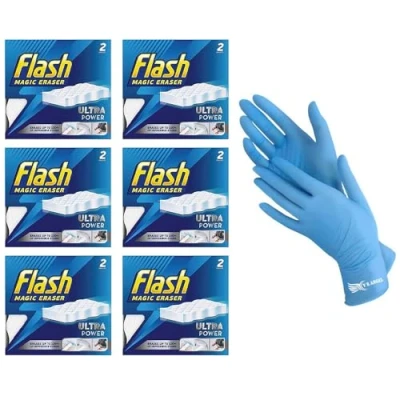 Image of Flash Ultra Power Magic Eraser With Gloves Stubborn Stains &amp; Mark Remover Chemical Free Sponge Multi Functional And Long Lasting For Cleaning Comfort Ease 6 Pack