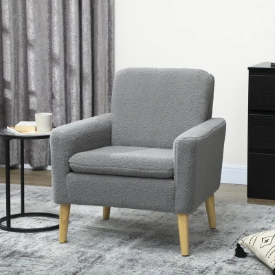 Image of HOMCOM Armchair, Upholstered Accent Chair with Wood Legs and Wide Padded Seat, Teddy Occasional Chair, Grey