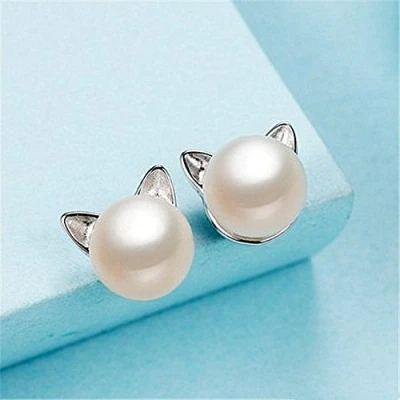Image of HOMEYU® Cat Ear Stud Earrings Cultured Pearl Sterling Silver Studs