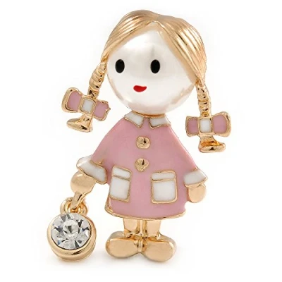 Image of Avalaya Funky Pink Enamel, Pearl Bead Doll Brooch with Crystal Purse in Gold Tone Metal 40mm L