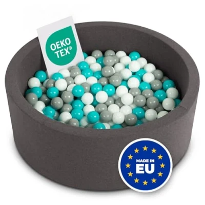 Image of Selonis Soft Ball Pit Pool 90X30cm/300 Balls Round For Baby Toddler Foam, Dark Grey:Grey/White/Turquoise
