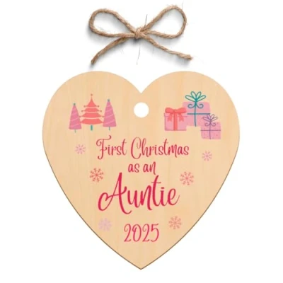 Image of Second Ave First Christmas as an Auntie Wooden Hanging Heart Xmas Tree Decoration Bauble
