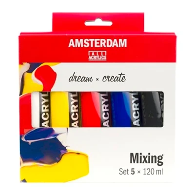 Image of Amsterdam Standard Series Acrylic Paint Set Color Theory Mixing (5 x 120 ml Tubes) Warm Primary Colors + Black &amp; White