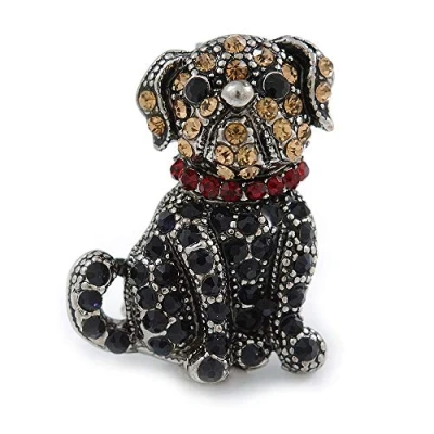 Image of Avalaya Small Crystal Bulldog Puppy Dog Brooch in Pewter Tone Metal 30mm Tall